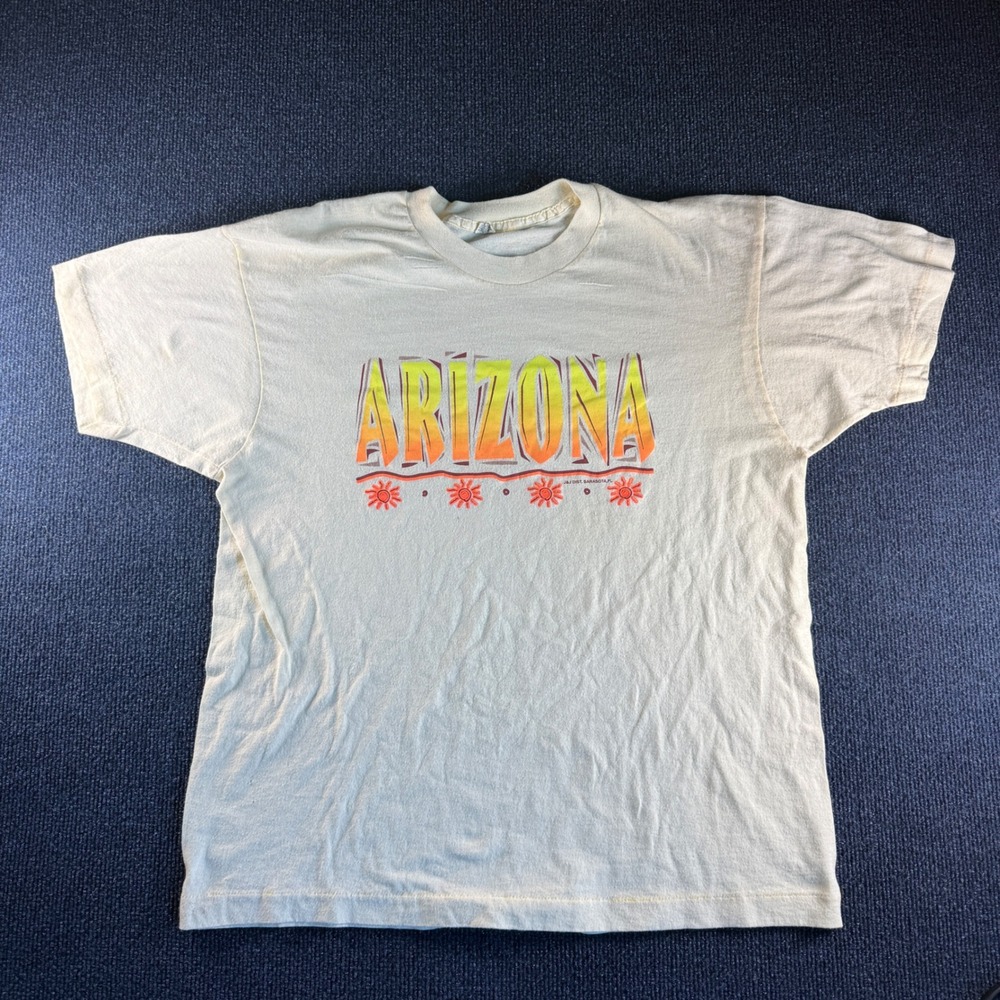 Vintage‎ Arizona T Shirt XL Cream Neon Sun Graphic Single Stitch Made in USA 80s